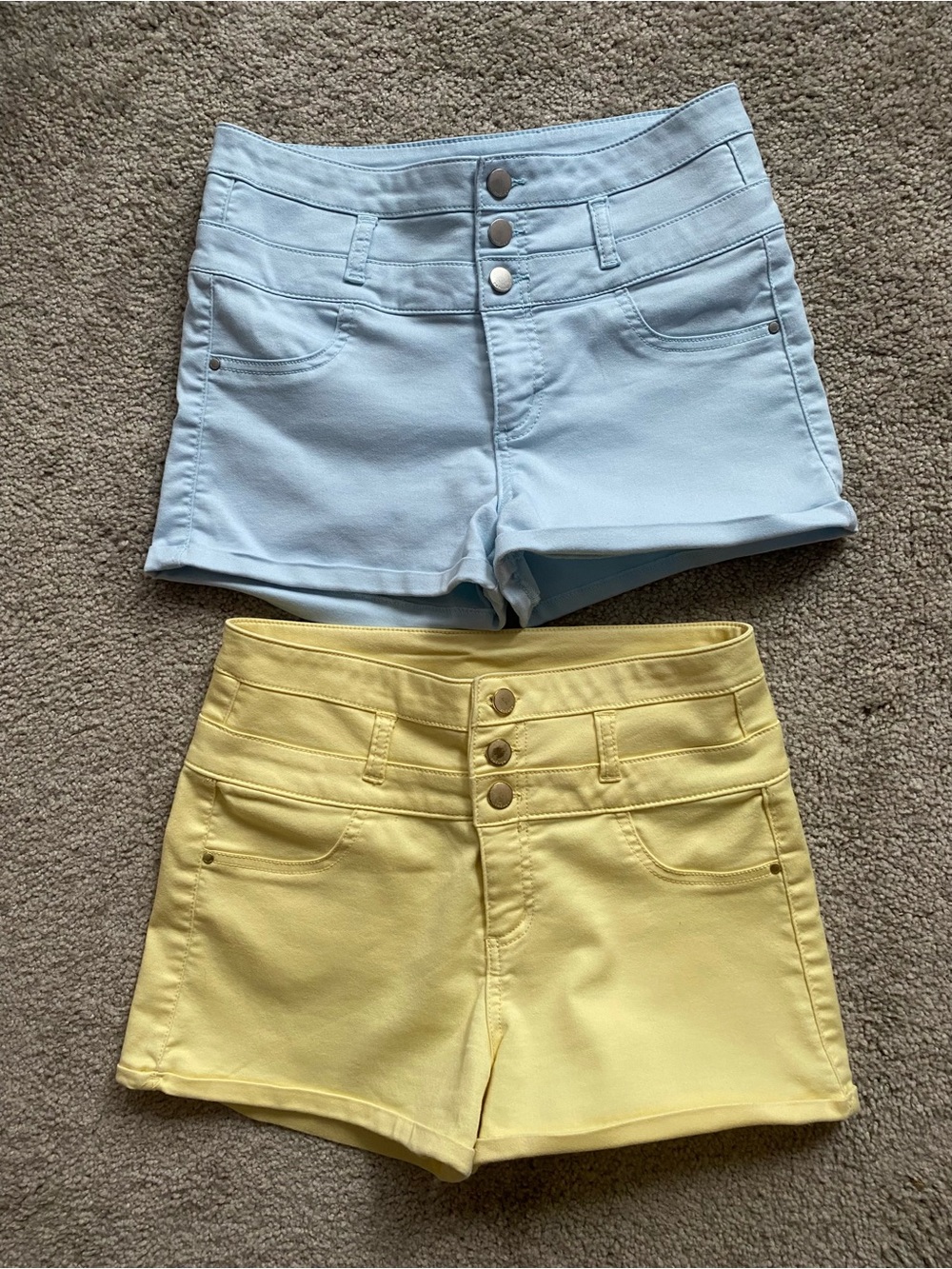Women’s High-Rise Button-Front Shorts in Light Blue and Pastel Yellow